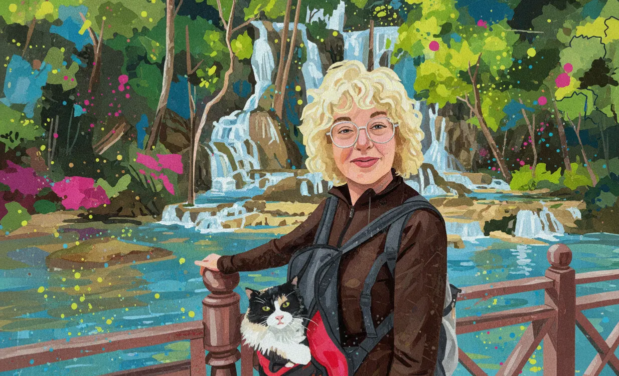 Woman traveling with her cat companion on an epic journey across Asia