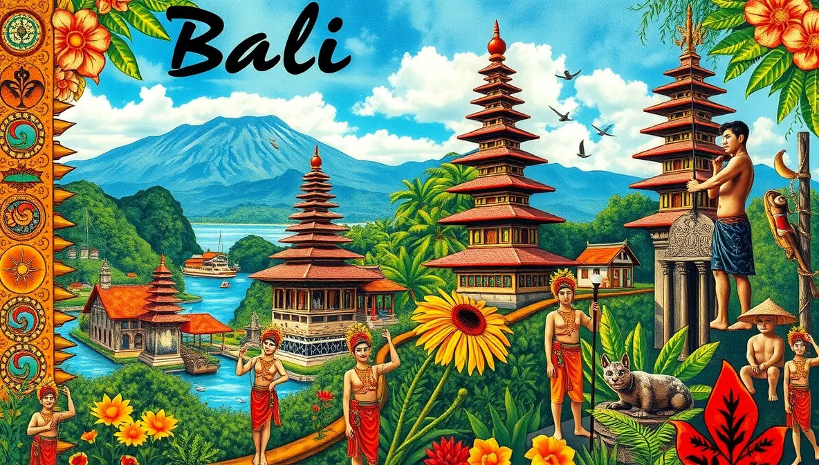 Bali temple and tropical landscape with traditional architecture