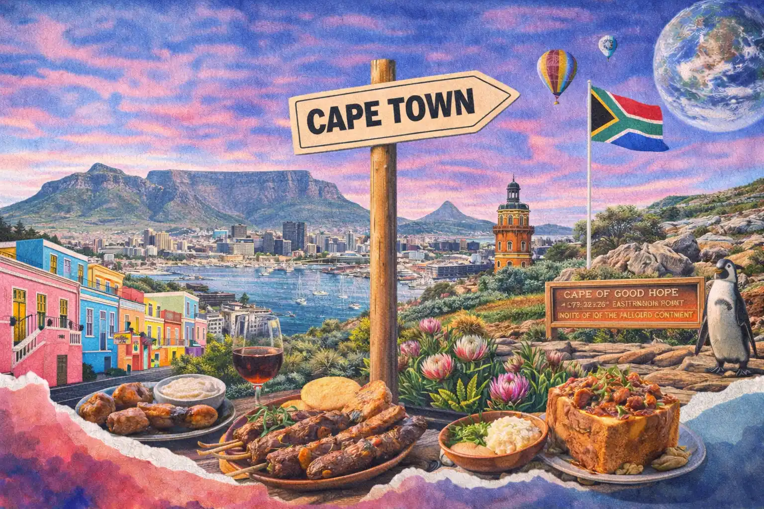 Cape Town South Africa with Table Mountain and colorful Bo-Kaap neighborhood