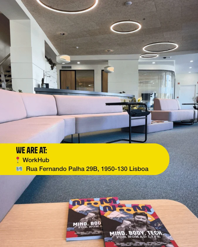 Nomad Magazine at WorkHub Lisbon with lounge area visible behind