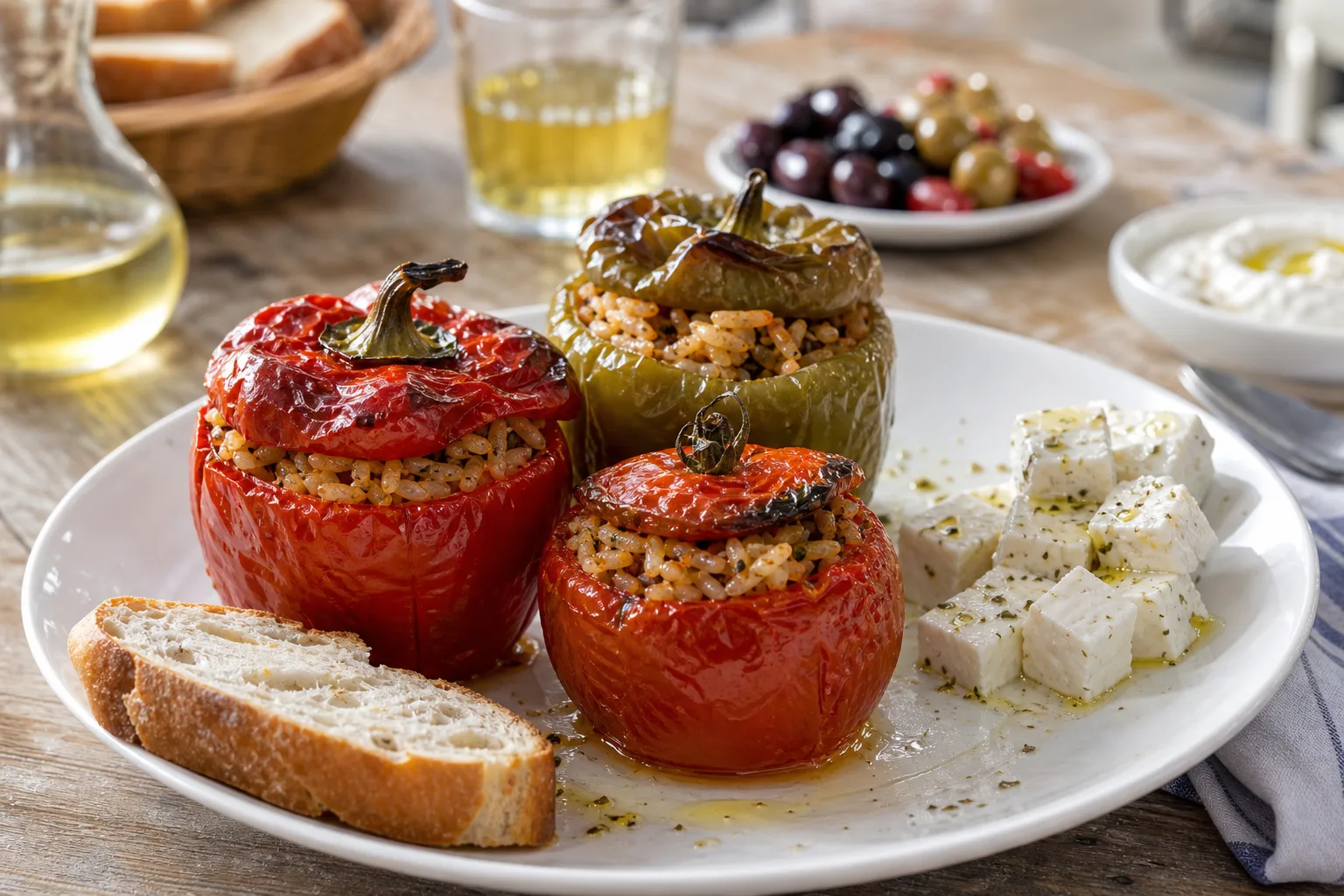 Greek gemista stuffed tomatoes and peppers with herbed rice on a traditional plate