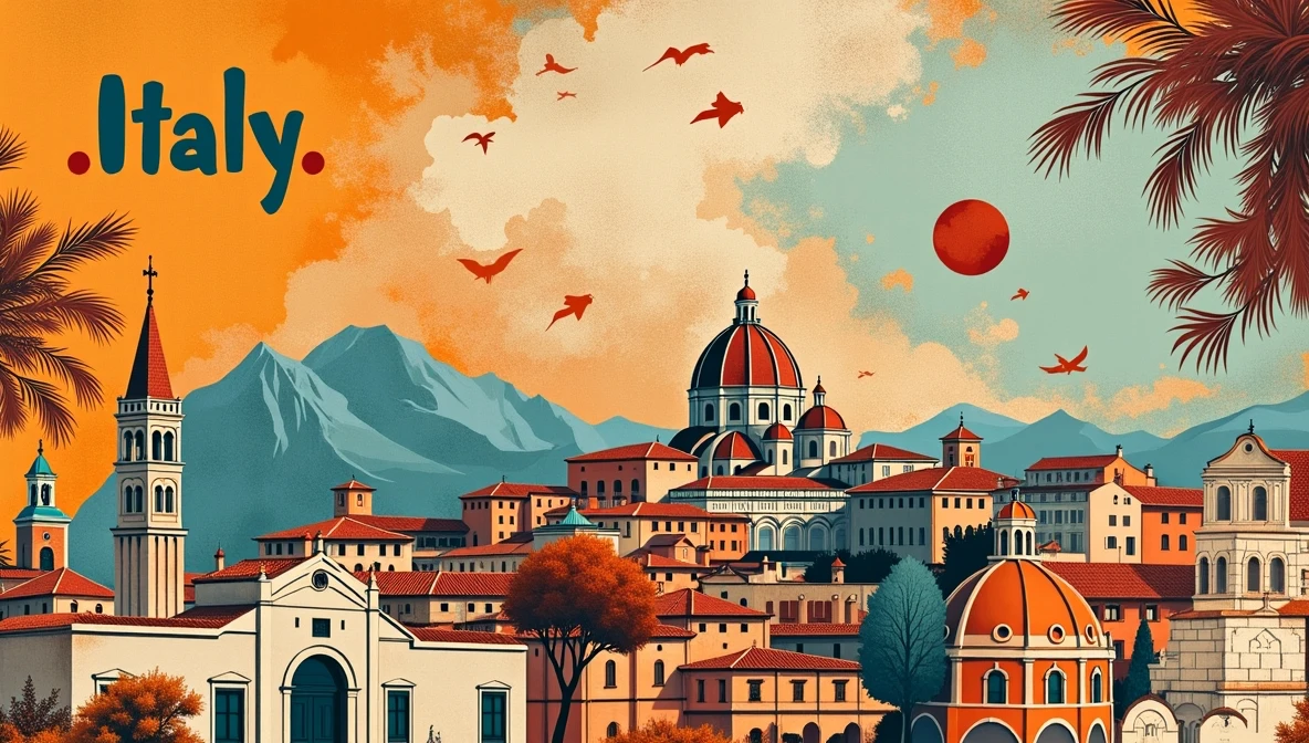 Italy hillside town with traditional architecture and mountains