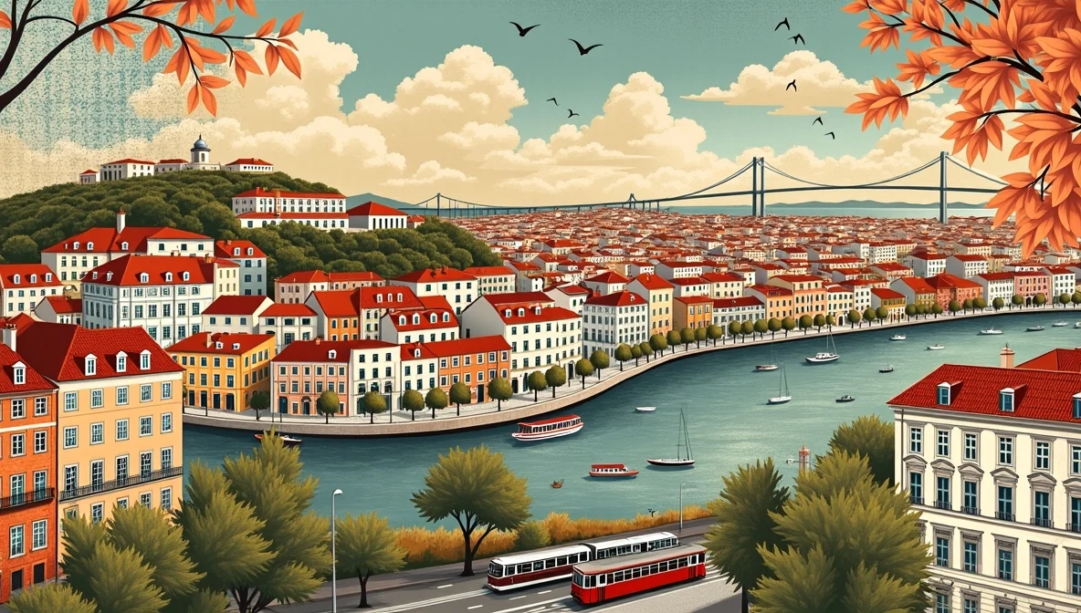 Lisbon colorful buildings along the waterfront with traditional trams