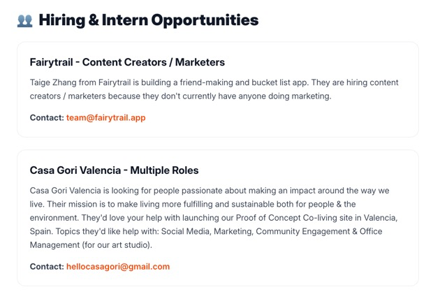 Newsletter announcement example showing hiring opportunities