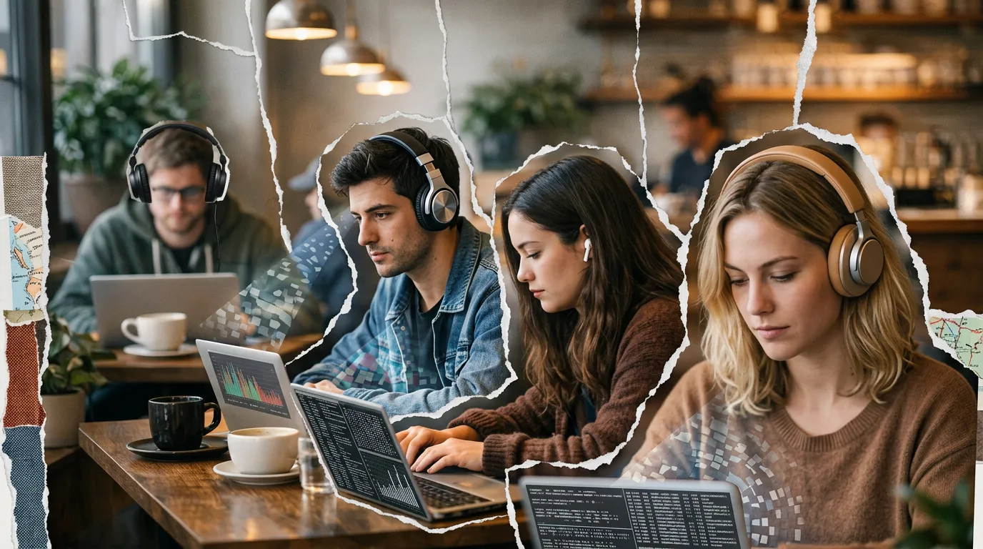 Photorealistic collage illustration of digital nomads working in isolation at a cafe