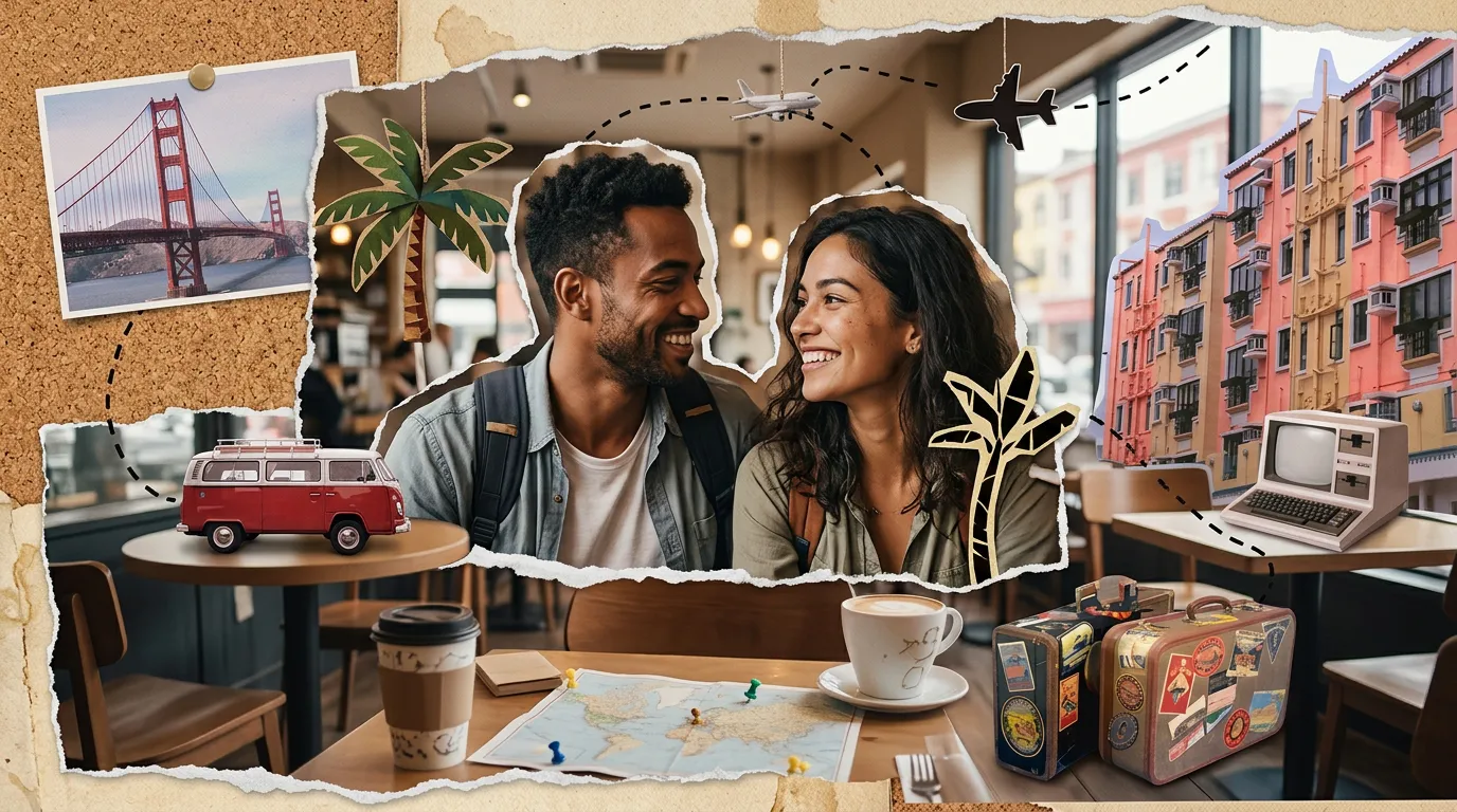 Photorealistic collage illustration of two remote workers connecting and talking in a cafe