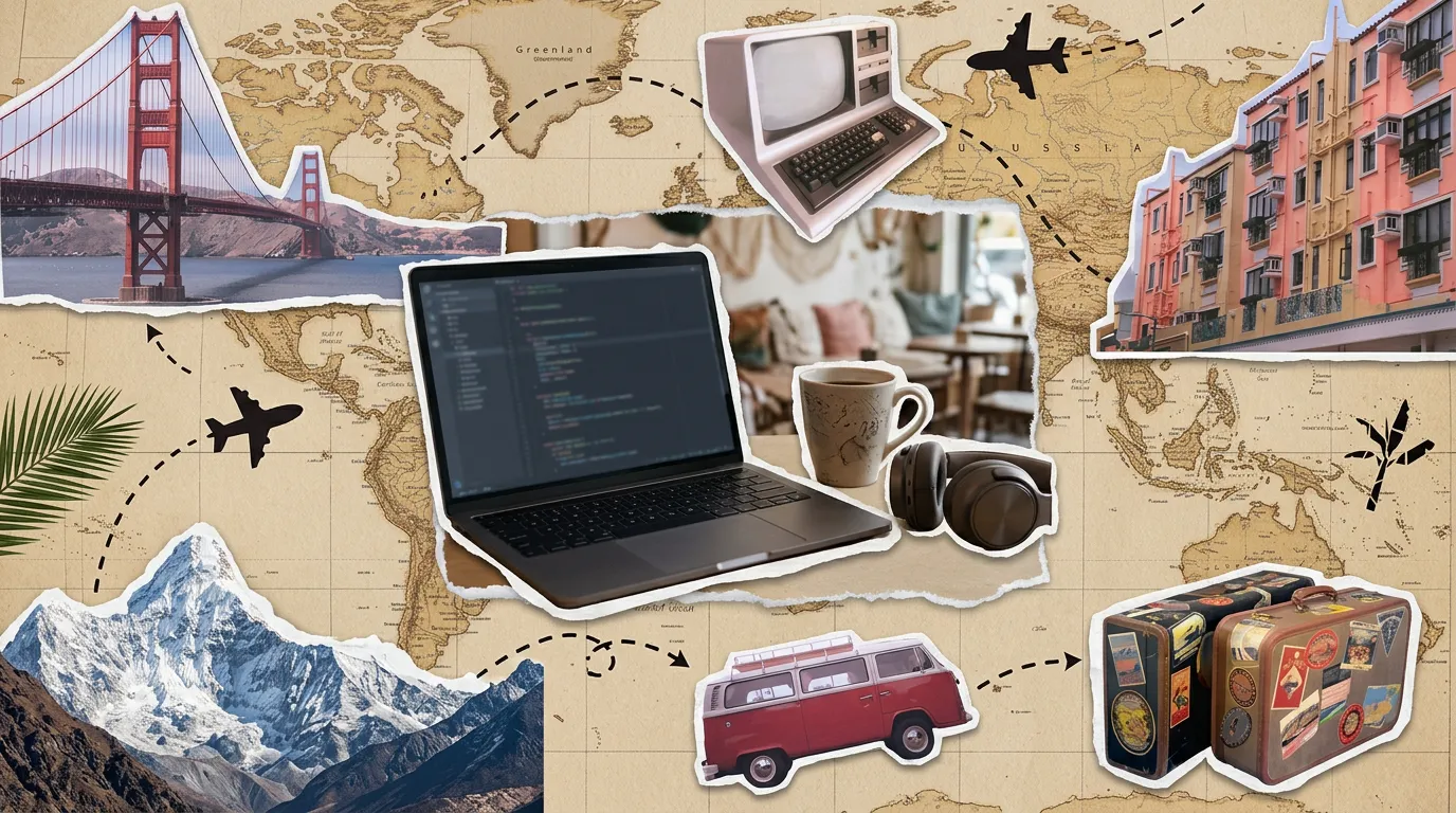 Photorealistic collage artwork of laptop and headphones representing remote work tools