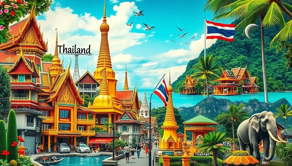 Thailand golden temples and tropical landscape with elephants